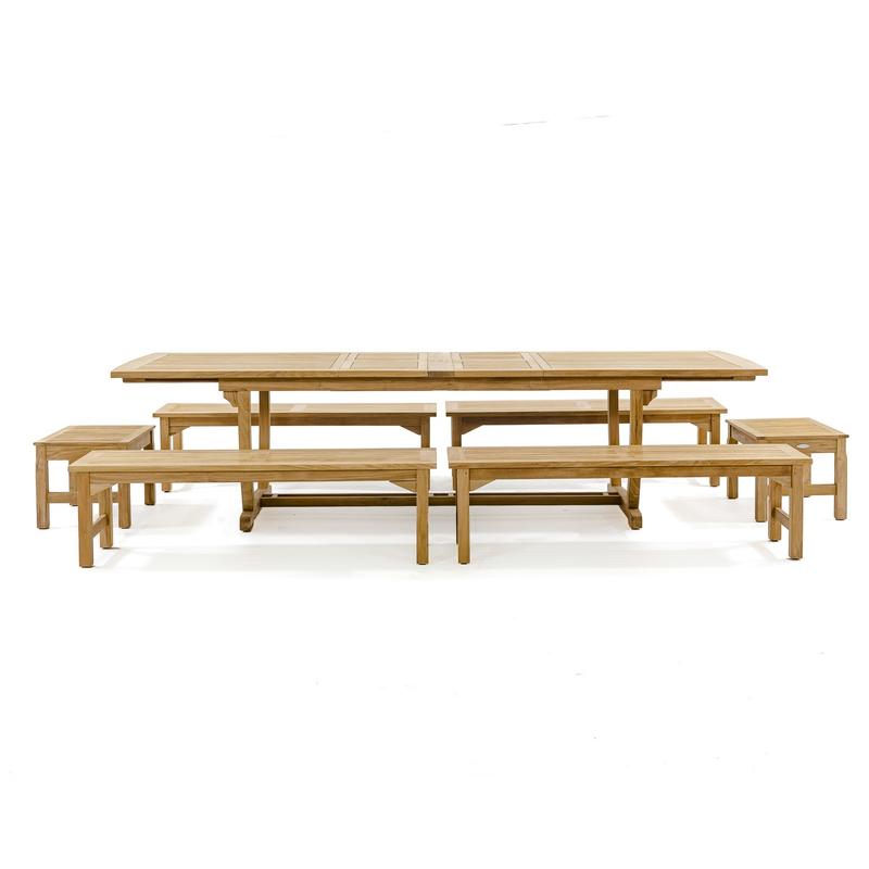 alt="70009 Grand Veranda teak dining table and bench set side profile on white background"