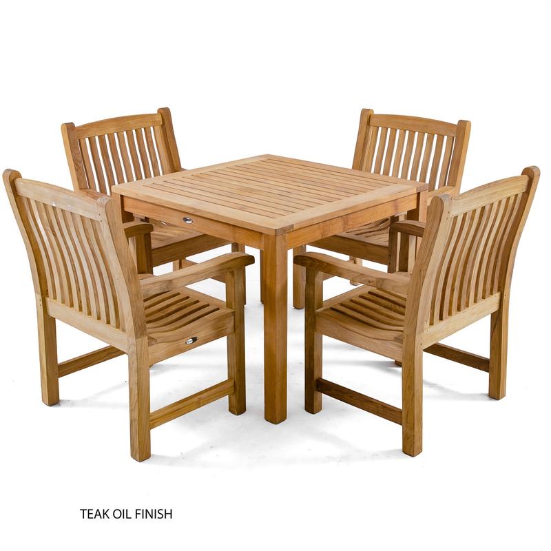 alt="70425 Veranda 5 piece Square Teak Dining Set with teak oil finish angled view on white background"