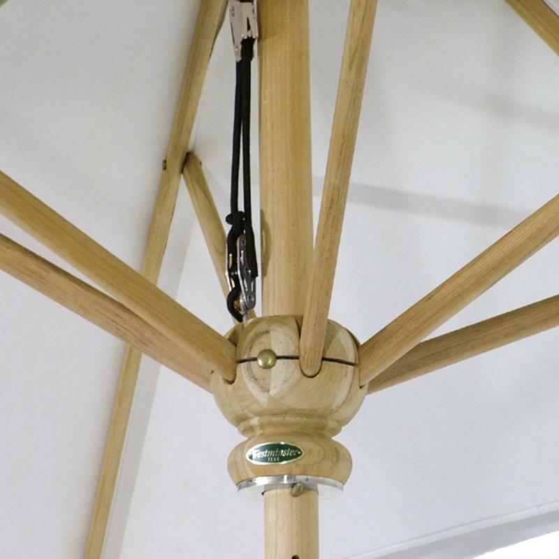 alt="17540F Somerset 8 ft Round Umbrella showing partially extended teak arms stretchers and shaft and ferrule "