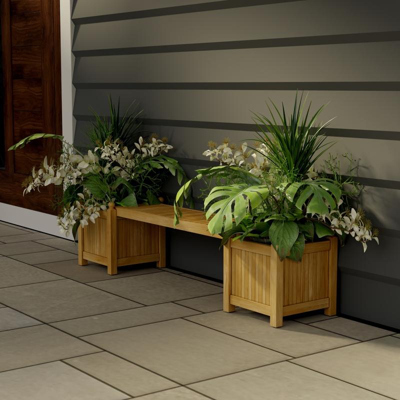 alt="70530 Single Planter Bench Set of 2 planters filled with plants and 1 seat panel angled on stone patio against a wall and door in background"