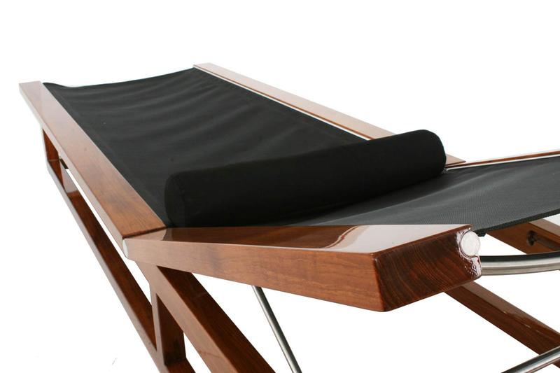 alt="16771 Maya Chaise Lounger in our marine gloss finish with black Textilene mesh fabric and bolster cushion close up top angle view on a white background "