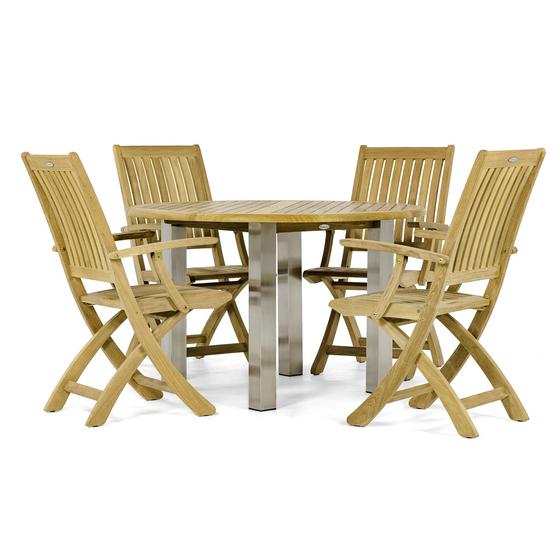 70623 Vogue Barbuda 5 piece teak and stainless steel Dining Set side view of 4 teak folding armchairs and a teak and stainless steel 48 inch round dining table on white background