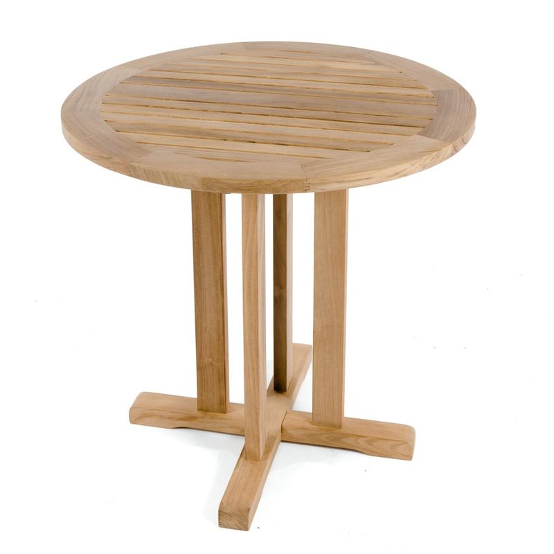 alt="15771 Teak 30 inch Round Bistro Table angled top and side view on white background"
