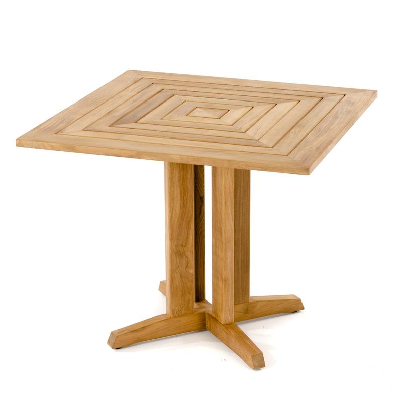 alt="70465 Surf Pyramid 36 inch square teak dining table angled view on white background"