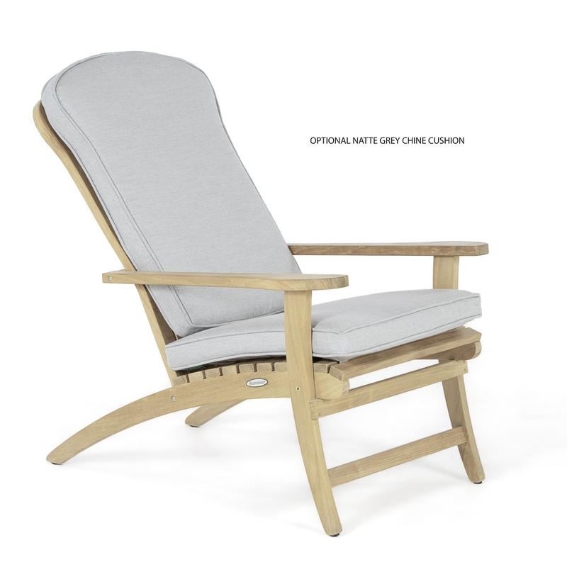 alt="12221 teak Adirondack Chair side view with optional natte grey chine cushion shown on white background "