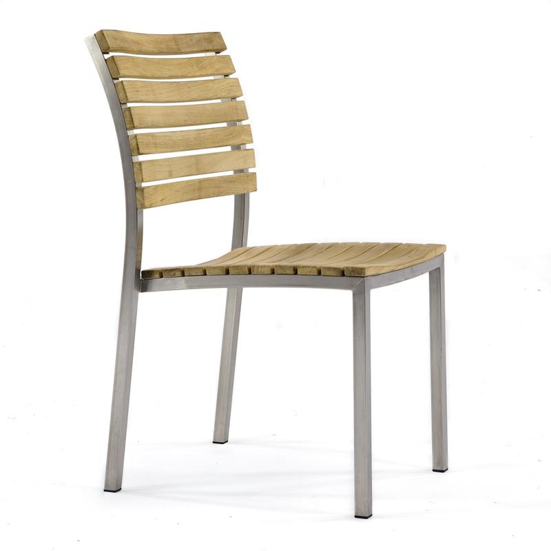 alt="70605 Vogue Nevis teak and stainless steel side chair right side angled view on white background"