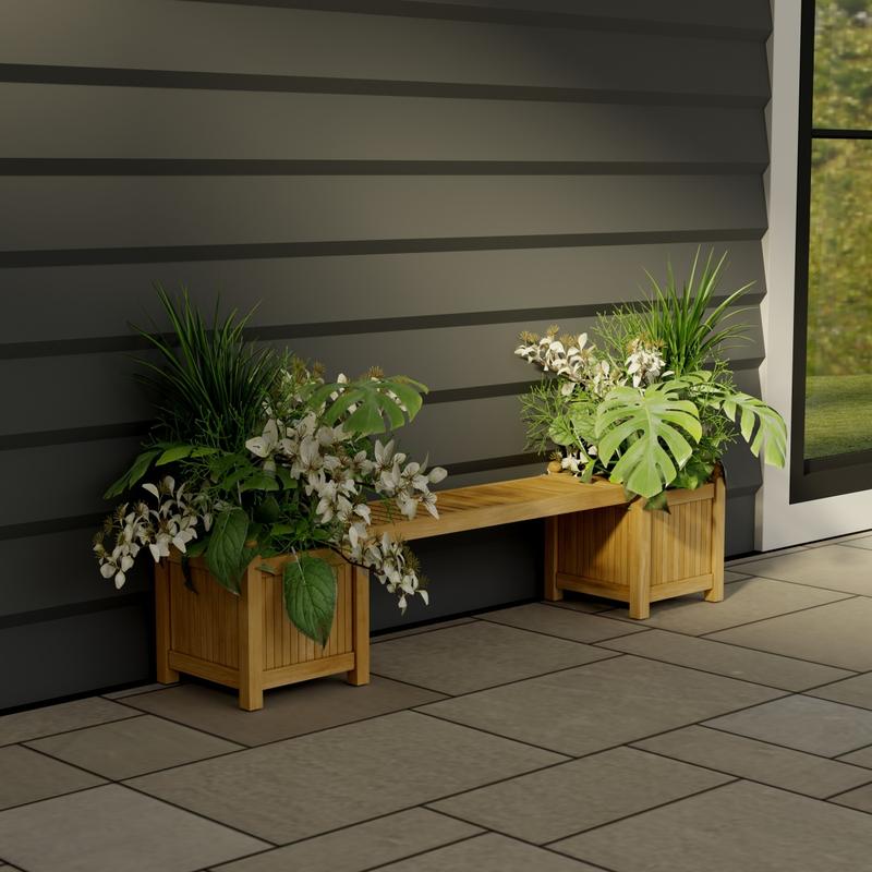alt="70530 Single Planter Bench Set of 2 planters filled with plants and 1 seat panel front view on stone patio next to a window with a house wall in background"