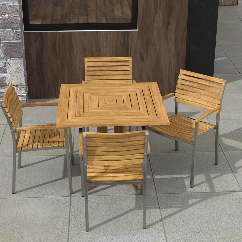 alt="70575 Vogue Pyramid 5pc Dining Set in angled aerial view of table top on patio with a window in background"