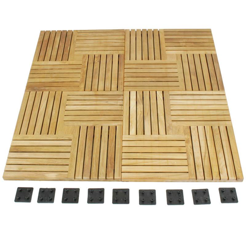 alt="70406 Parquet 10 pack Teak 18 inch Deck Tiles showing one carton of four tiles assembled together in a square with nine connectors lined across bottom on white background"