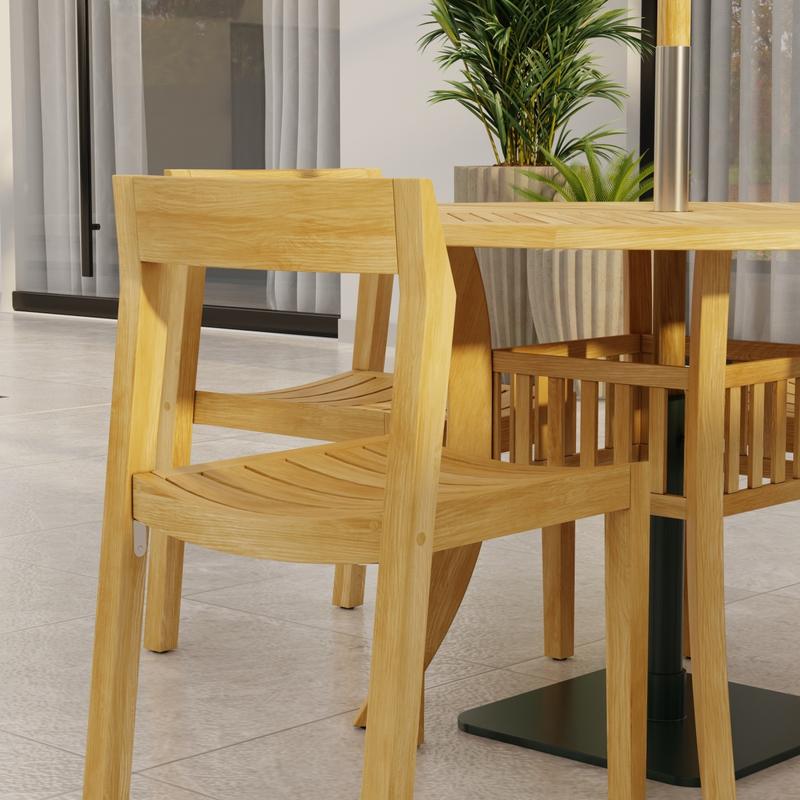 alt="70573 Grand Hyatt Horizon Dining Set showing partial side view on patio with potted plants and glass door in background  "