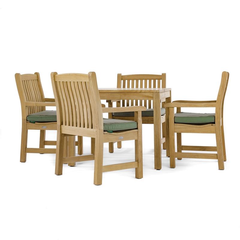 alt="70425 Veranda 5 piece Square Teak Dining Set showing optional stone green color cushions on white background"