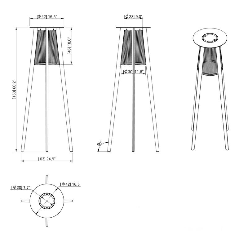alt="45102 Luna Standing Lamp showing autocad in side views and angled top view on white background"