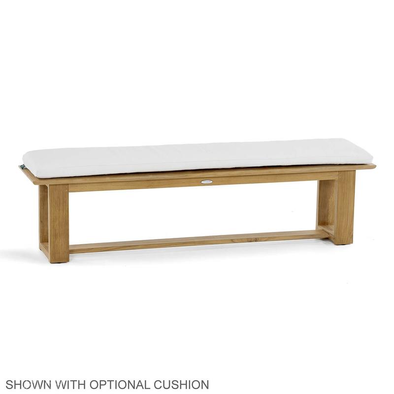 alt=" 13909 Horizon teak 6 foot long Backless Bench angled view showing optional canvas color cushion on white background on white background"