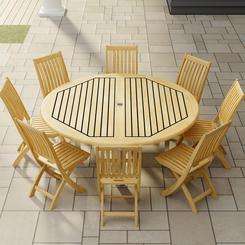 alt="70486 Vogue Teak Barbuda Dining Set for 8 of Vogue Dining Table and 8 Barbuda folding Side Chairs angled aerial view on tiled patio "