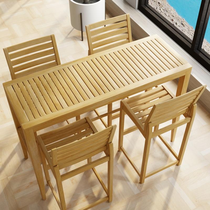 alt="70649 Laguna Somerset Side Barstool Set in a hospitality setting showing aerial view next to a wall of windows overlooking the ocean"