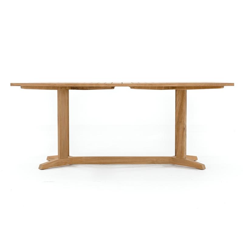 alt="15816 Pyramid 6 ft Teak Table in side profile on white background"