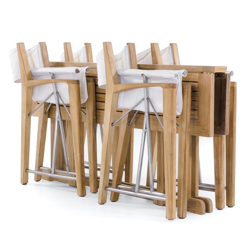 alt="70476 Odyssey 5 piece Outdoor Dining Set showing 4 folding director chairs and 5 foot rectangular teak folding dining table completely folded on white background"
