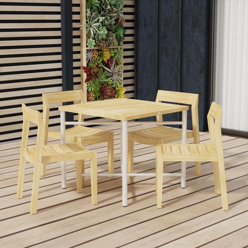 alt="70596 Odyssey Horizon Teak and 316L Stainless Steel Dining Set in angled corner view on wood deck with privacy wall with succulents in the background"