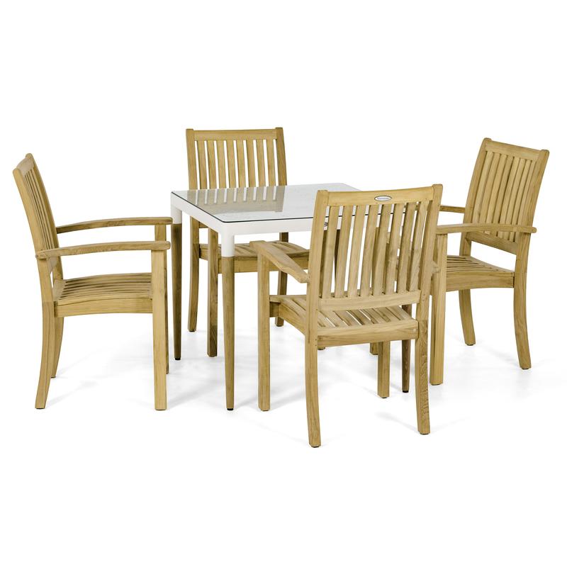 alt="70614 Bloom Sussex 5 piece Dining Set of a Bloom 32 inch square teak and powder coated aluminum dining table and 4 Sussex teak side chairs side view on white background"