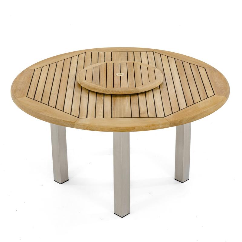alt="25014 Vogue teak and stainless steel 5 foot Round Table top angled view with optional lazy susan on white background"