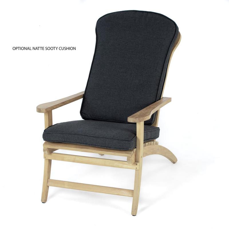 alt="12221 teak Adirondack Chair side view with optional natte sooty cushion shown on white background "