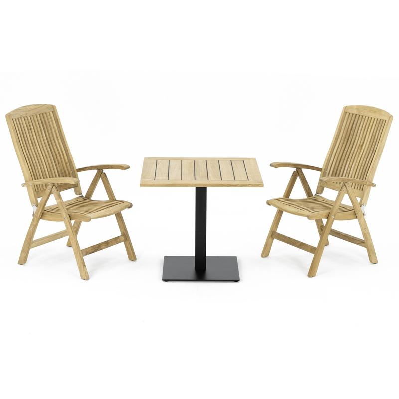 alt="70197 Reclining 3 pc Teak Bistro Set of Teak 32 inch Square Table and 2 Barbuda Reclining Chairs angled side view on white background"