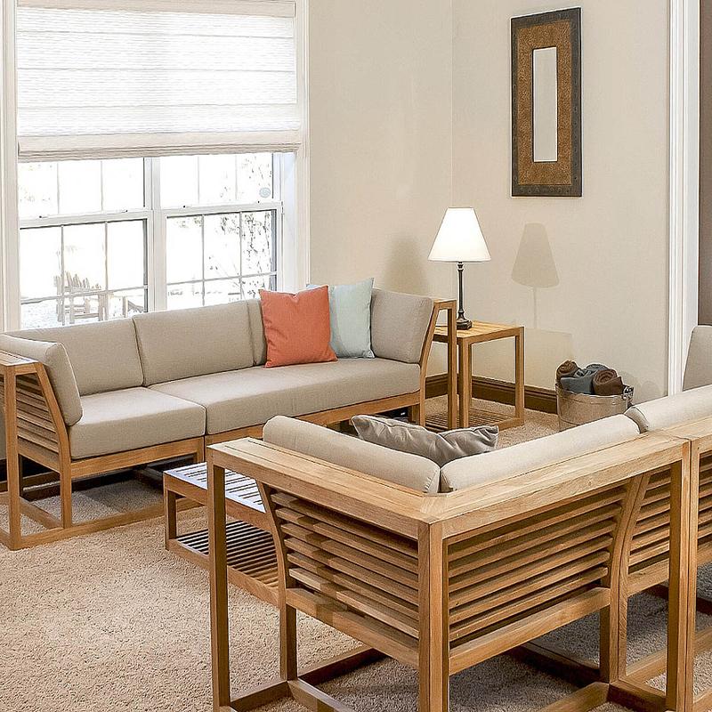 alt="70234 Maya 7 pc Twin Sofa Set with cushions three throw pillows interior back angled view on carpet lamp on side table wall mirror galvanized bucket with rolled towels on floor "