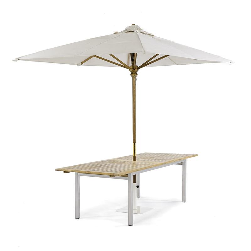 alt="25025 Vogue Extension Table angled view with optional rectangular canvas color umbrella in table on white background"