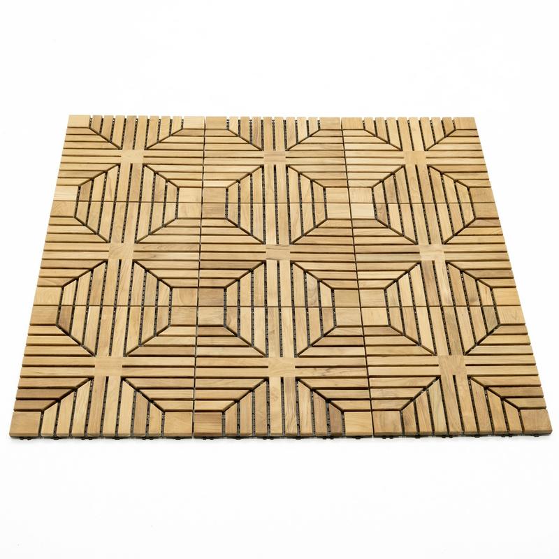 alt="18408P diamond teak tiles showing 9 assembled togetherangled on white background"