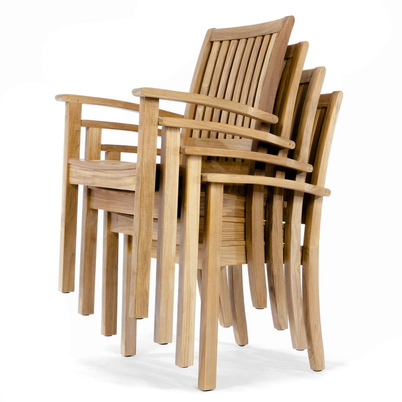 alt="12196 Sussex Teak Chair angled and stacked 4 high on white background"