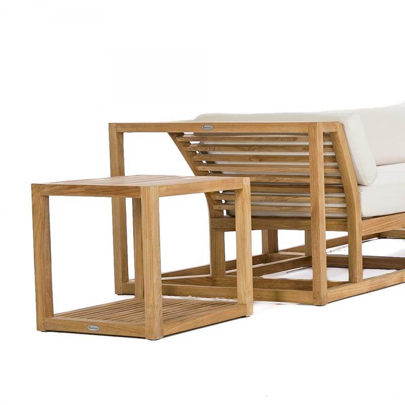 alt="70233 Maya Deep Seating 7 Piece Teak Sectional Sofa Set with Cushions and teak side table closeup side view on white background"