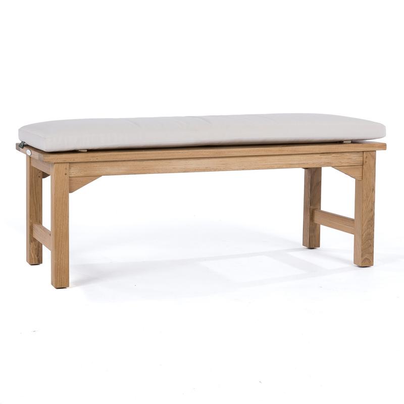 alt="13940 Veranda 4 foot Teak Backless Bench with optional bench seat cushion side view on white background"