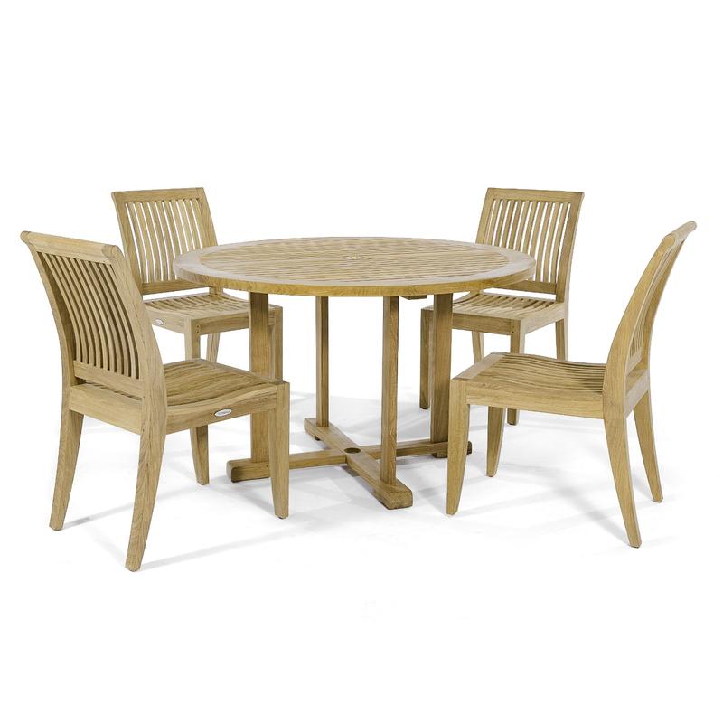 alt="70482 Laguna 4 foot round teak Dining Set of a 4 foot round teak dining table and 4 teak side chairs side view on white background"