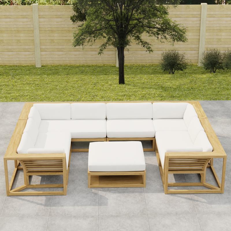 alt="70752 Maya 6pc Lounge Set with canvas colored cushions front angled view on patio with trees and fence in the background"