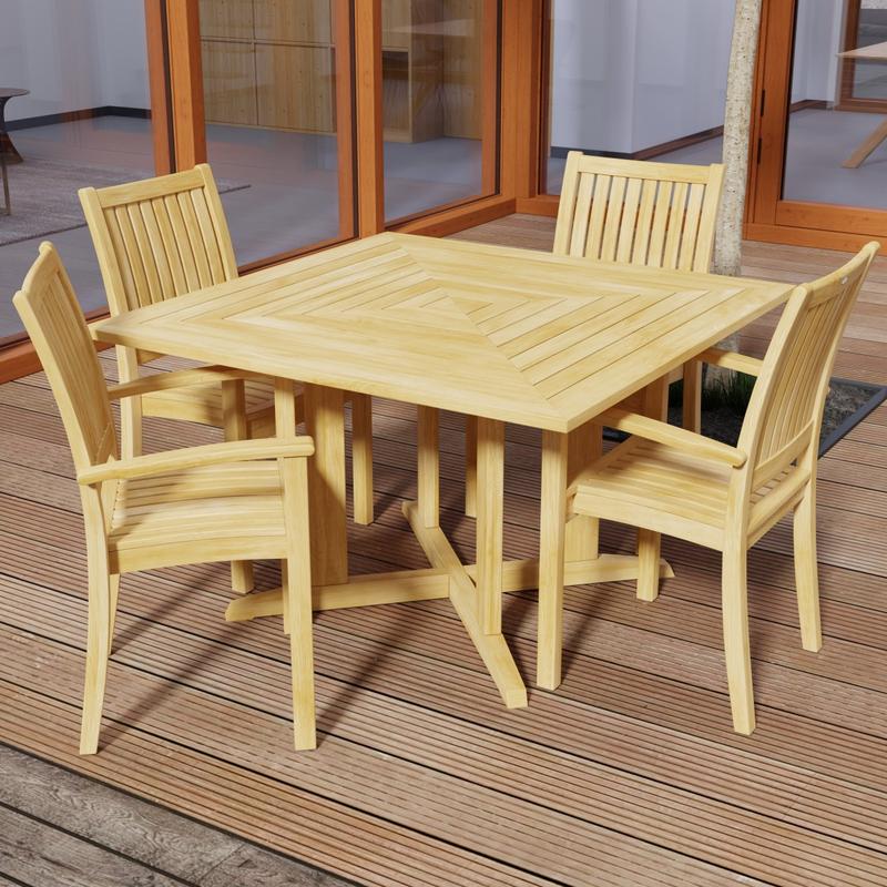 alt="70685 Sussex Pyramid 5 pc Dining Set of Pyramid Square Dining Table and 4 Sussex Armchairs in angled corner view on wood deck with door to house in background "