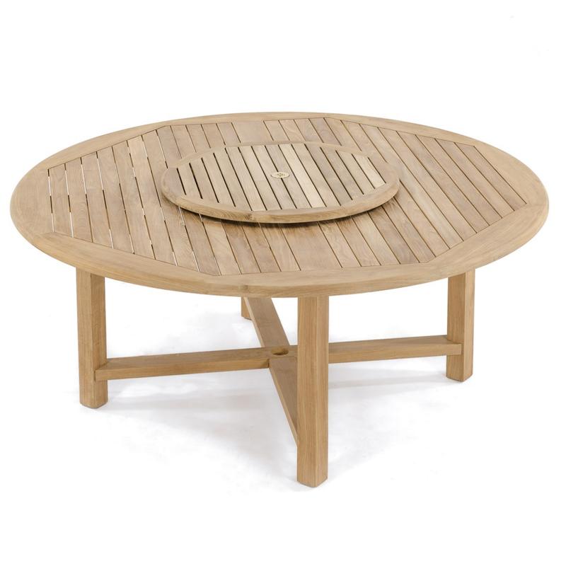 alt="15348 Buckingham Teak Table angled top view with optional lazy susan on white background"