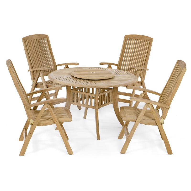 alt="70045 Hyatt Recliner 5 piece round teak Dining Set of 4 teak reclining armchairs and a round 48 inch diameter dining table with optional teak lazy susan angled on white background"