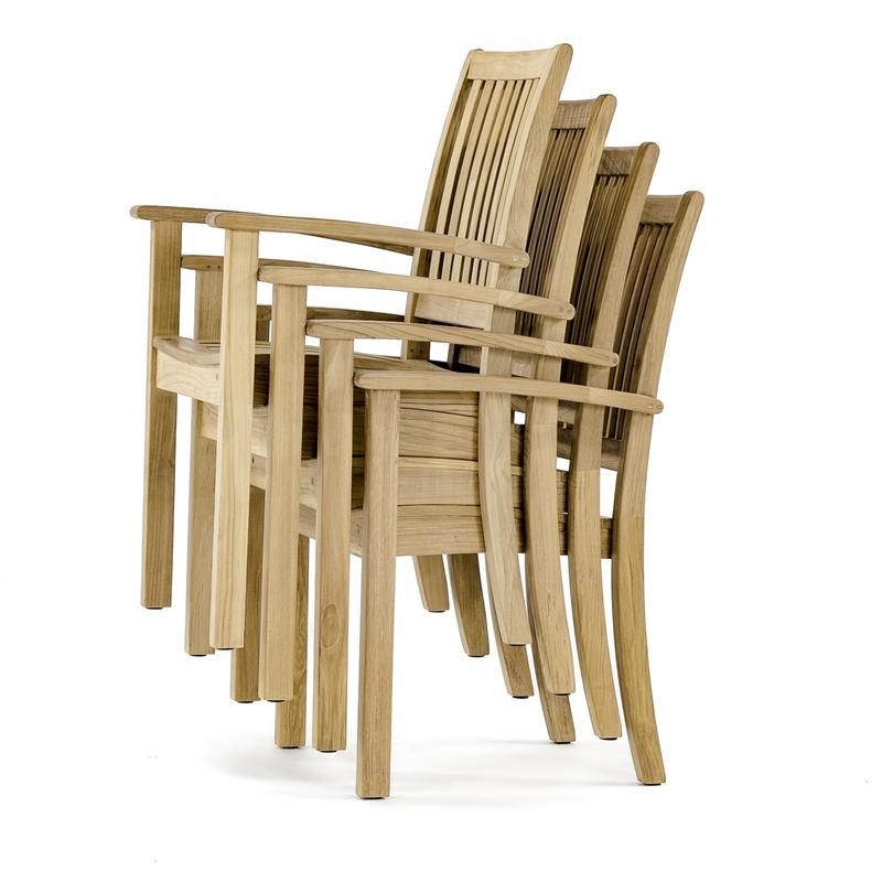 alt="70772 Laguna Sussex teak Dining Armchair stacked 4 high side view on white background"