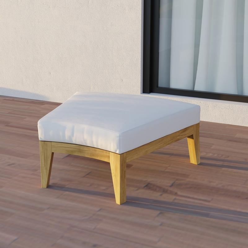 alt="18068 Kafelonia Backless 1 Seater Bench in angled front view on on patio with house glass slider in background"