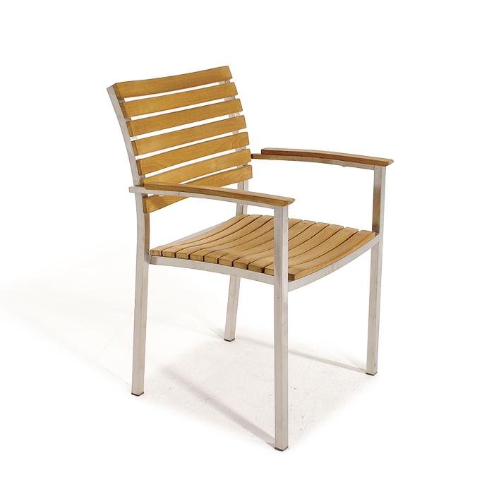 alt="22007 Vogue Teak and Stainless Steel Stacking Armchair in angled side view on white background"