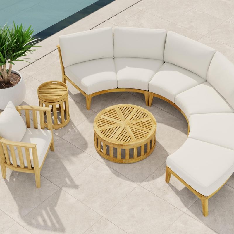 alt="70929 Kafelonia 6 piece Sofa Sectional Set aerial view on stone tiled pool deck with a potted plant next to a pool"