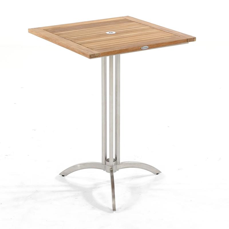 alt="70075 Vogue teak and stainless steel 30 inch square bar table angled view on white background"