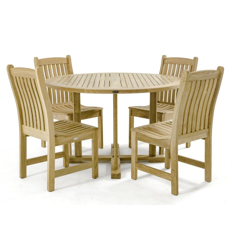 alt="70484 Veranda 4 foot round Dining Set of 4 teak side chairs and 4 foot round teak dining table on white background"
