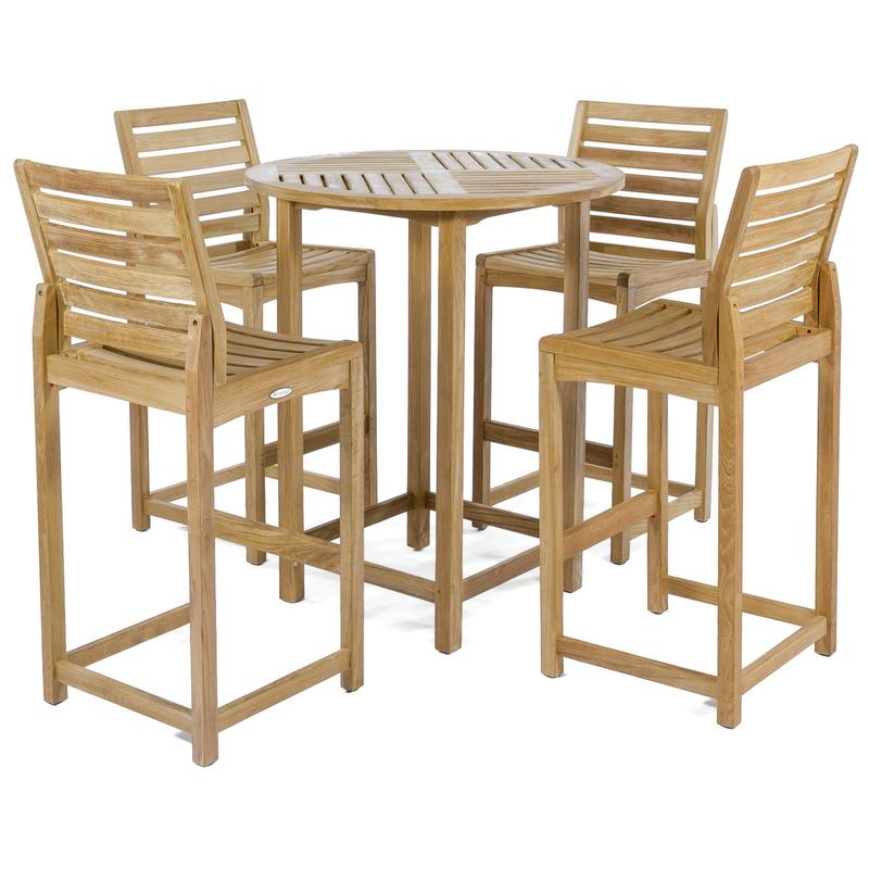 alt="15334 Somerset Teak Round Bar Table with 4 Side Barstool on white background"