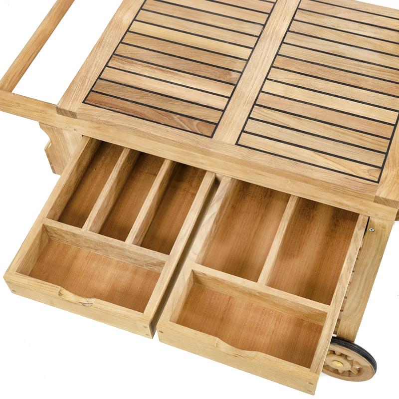 alt="17105 Alicante teak Trolley Cart angled view showing drawers on white background"