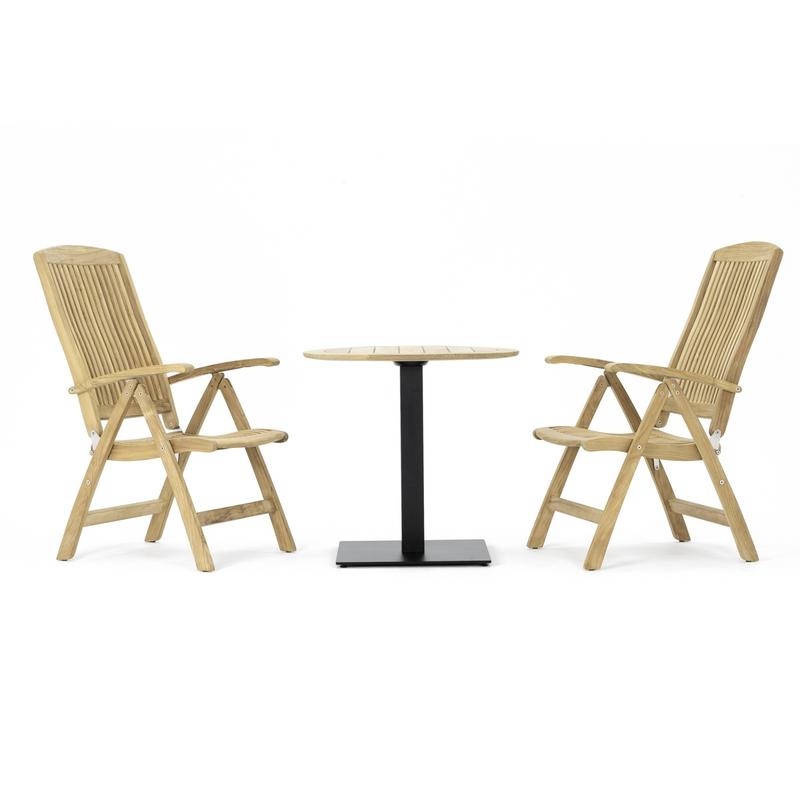alt="70224 Barbuda Teak Bistro Recliner Set of Vogue Teak 30 inch round table and 2 Barbuda Recliner Chairs side view on white background"