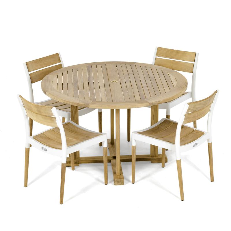 alt="70747 Bloom 5 piece Round Dining Set of 4 teak and white powder coated aluminum dining side chairs and 48 inch round teak dining table on white background"