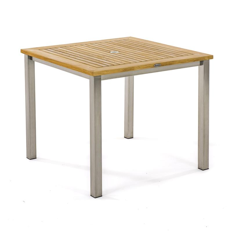 alt="70603 Vogue Laguna teak and stainless steel 36 inch square dining table corner angled view on white background"