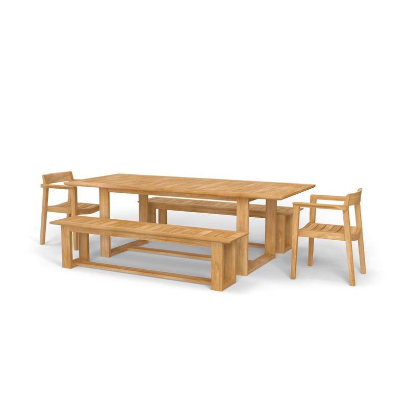 alt="70496 Horizon Table & Bench Set of Horizon Rectangular Dining Table and 2 Teak Benches and 2 Dining Armchairs in angled side view on white background "