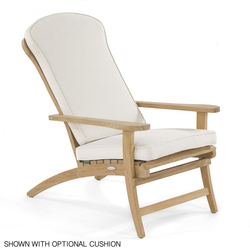 alt="12221 teak Adirondack Chair side view with canvas cushion shown on white background "